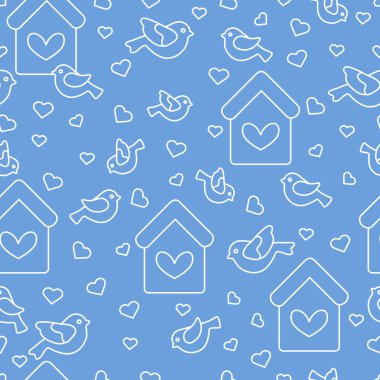 Kuşlar, kuş evleri ve kalpleri ile Seamless Modeli