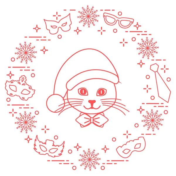 크리스마스 모자, 카니발 마스크, 눈송이에 고양이의 총구 — 스톡 벡터