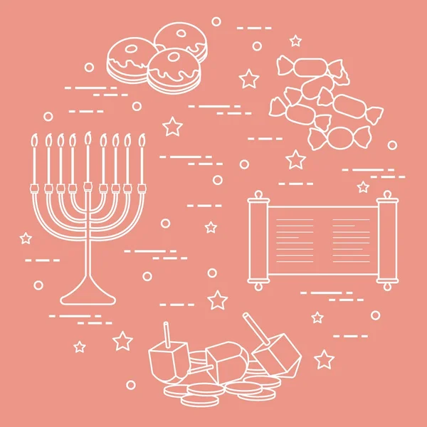 Joodse vakantie Hanukkah: dreidel, sivivon, menora, munten, donut — Stockvector