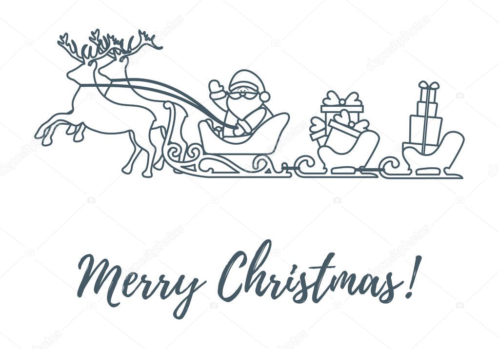 Santa Claus with Christmas presents in sleighs with reindeers. N