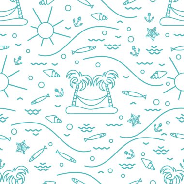 Balık, palmiye ağaçları ile ada ile şirin Dikişsiz desen ve bir ha