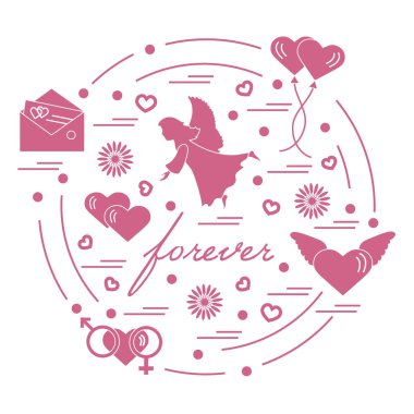 Sevimli vektör çizim farklı aşk sembolleri ile: Kalpler, ai