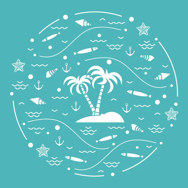 Cute vector illustration with fish, island with palm trees, anch — Stock Vector