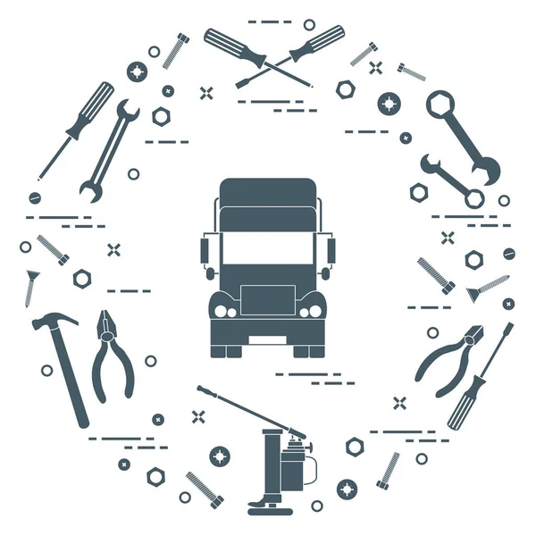 Autók javítása: kamion, villáskulcs, csavarok, kulcs, fogó, jack, kalapács, — Stock Vector