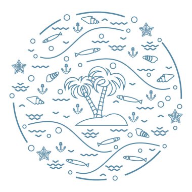 Balık, palmiye ağaçları, anch ile ada ile sevimli vektör çizim