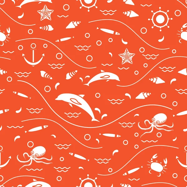 Cute seamless pattern with dolphins, octopus, fish, anchor, helm — Stock Vector