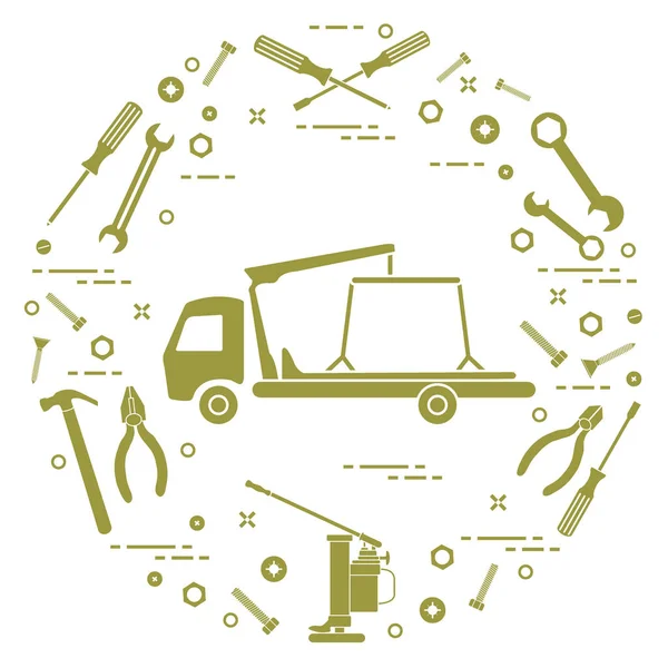 Reparatie van auto's: trekken vrachtwagen, Momentsleutels, schroeven, sleutel, tangen, jack, ham — Stockvector