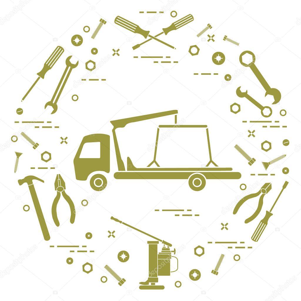 Repair cars: tow truck, wrenches, screws, key, pliers, jack, ham
