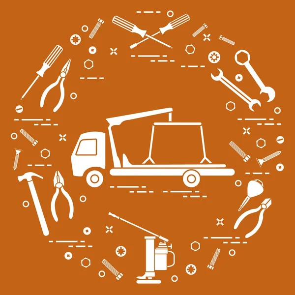 Autók javítása: vontatására kamion, villáskulcs, csavarok, kulcs, fogó, jack, sonka — Stock Vector