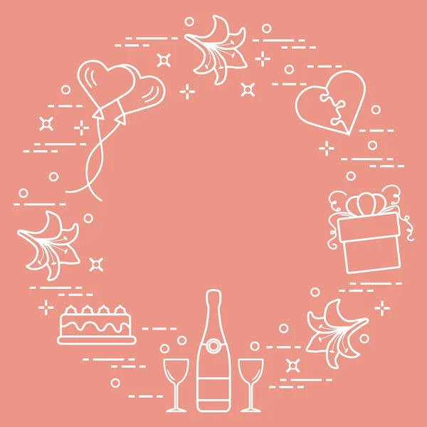 День святого Валентина: подарок, воздушные шары, торт, сердце, лилия — стоковый вектор
