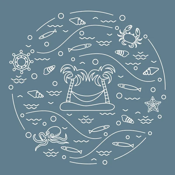 Niedliche Vektorillustration mit Oktopus, Fisch, Insel mit Palme — Stockvektor