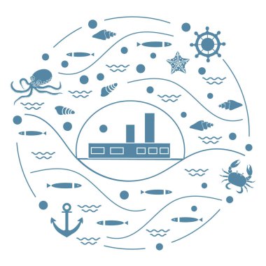 Gemi, ahtapot, balık, çapa, dümen ile sevimli vektör çizim,