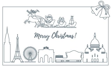 Noel Baba'ya binalar üzerinde uçan atlı kızak.