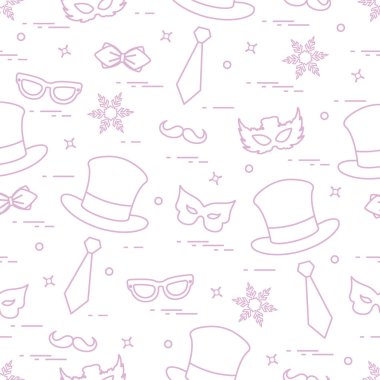 Farklı karnaval süslemeleri seamless modeli: maskeler, şapka,