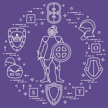 Şövalye, kalkanlar, kılıç, kask, küpleri.