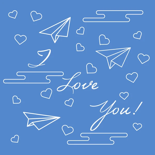 Paper airplane, hearts, clouds. Valentine's Day.