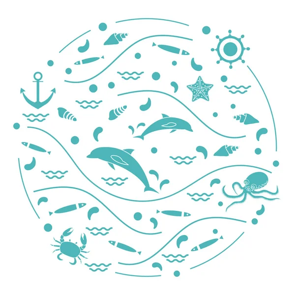 Delfinek, polip, hal, horgony, h aranyos vektoros illusztráció — Stock Vector
