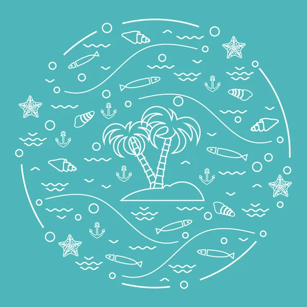 Mignonne illustration vectorielle avec des poissons, île avec des palmiers, anch — Image vectorielle