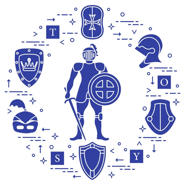 Knight, shields, swords, helmets, cubes. — Stock Vector