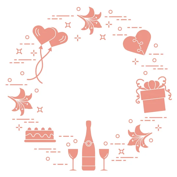 День святого Валентина: подарок, воздушные шары, торт, сердце, лилия — стоковый вектор