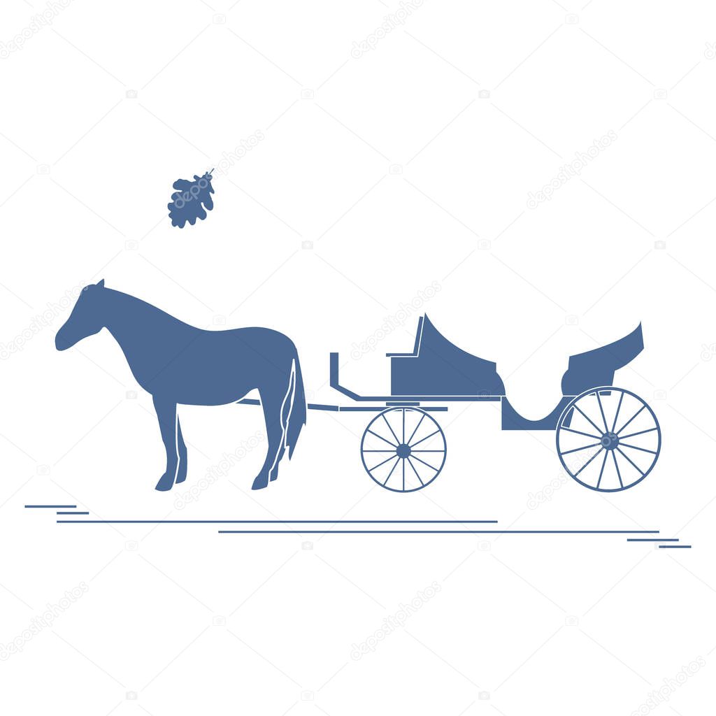 Vector illustration with horse-drawn carriage and oak leaf. Trav