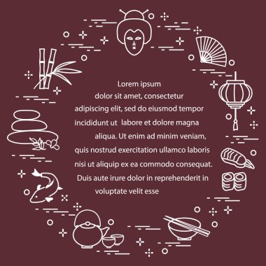 Japon kadın yüz ve fener, kase, yemek çubukları, suşi ve oth