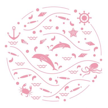 Cute vector illustration with dolphins, octopus, fish, anchor, h clipart