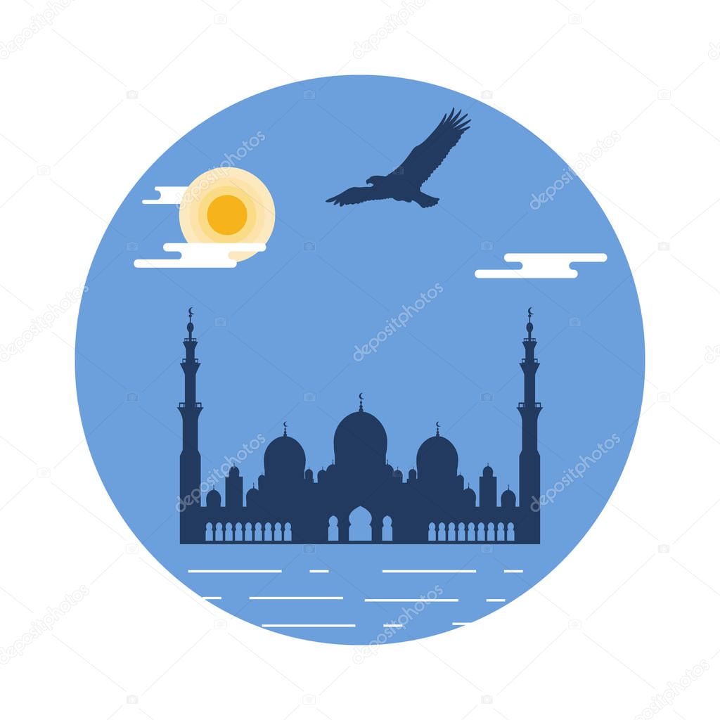 United Arab Emirates symbols. Sheikh Zayed Mosque silhouette and
