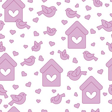 Kuşlar, kuş evleri ve kalpleri ile Seamless Modeli