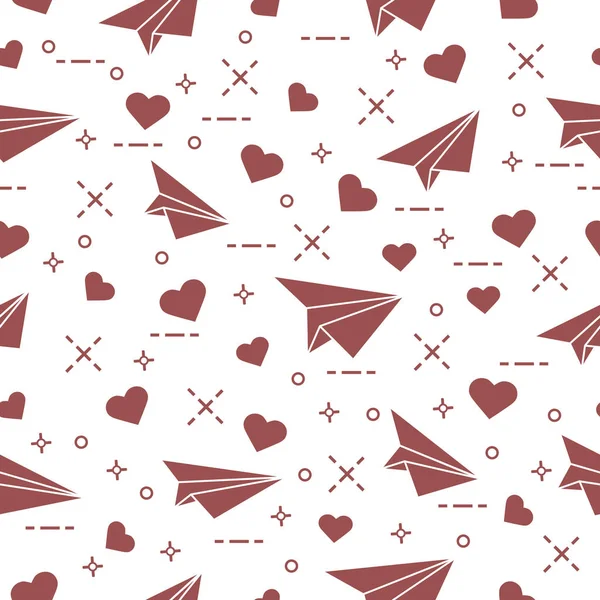 Patrón sin costura con avión de papel y corazones . — Vector de stock