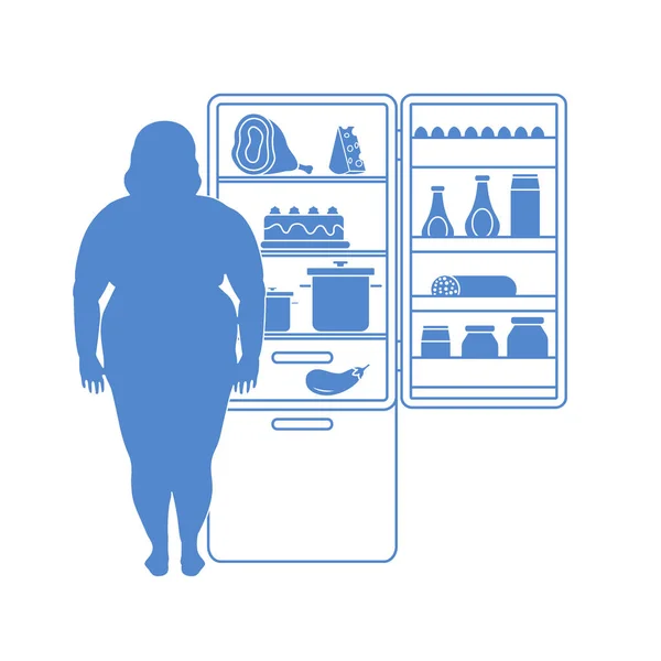 A gorda está no frigorífico cheia de comida. Comida nociva habi —  Vetores de Stock