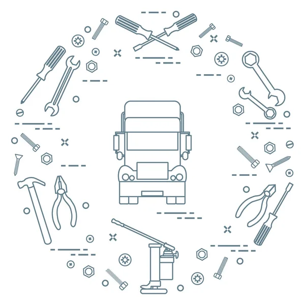Reparasjonsbiler: lastebil, skiftenøkler, skruer, nøkkel, tang, knekt, hammer , – stockvektor