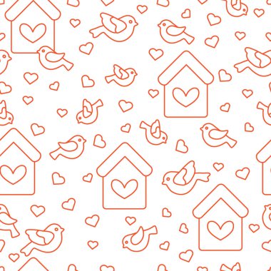 Kuşlar, kuş evleri ve kalpleri ile Seamless Modeli