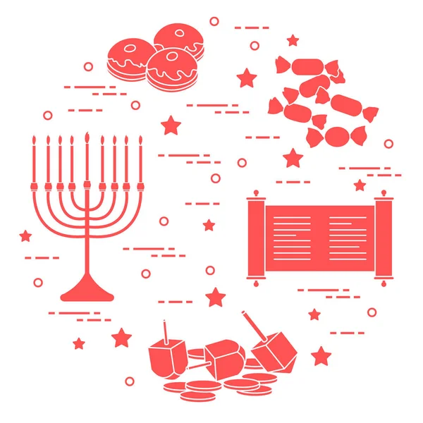 Joodse vakantie Hanukkah: dreidel, sivivon, menora, munten, donut — Stockvector