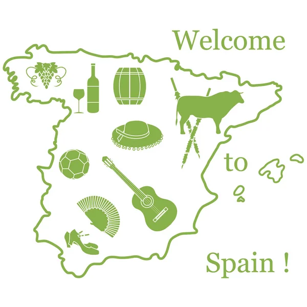 Ilustração vetorial com vários símbolos da Espanha. Viagem e le — Vetor de Stock