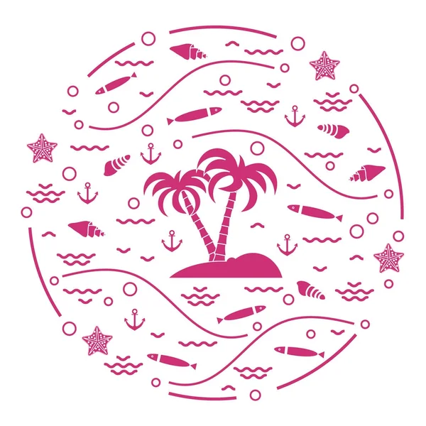 Ilustracja wektorowa Ładna z ryb, wyspa z palmami, anch — Wektor stockowy