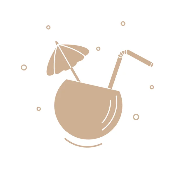 Icono estilizado del cóctel en medio coco, tubo y paraguas — Vector de stock