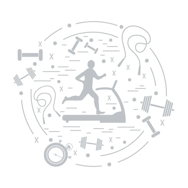 Vektorové ilustrace muže běhat na běžícím pásu a liší — Stockový vektor