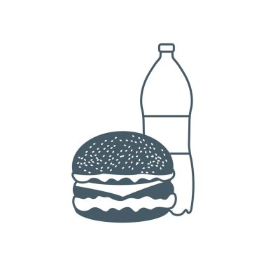 Burger ve şişe soda suyu. Beslenme alışkanlıkları sağlığa zararlıdır. Banner için tasarım ve baskı.