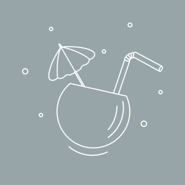 Yarım Hindistan cevizi, tüp ve şemsiye kokteyl stilize simgesi. Seyahat ve eğlence. Başlık sayfası, poster veya baskı için tasarım.