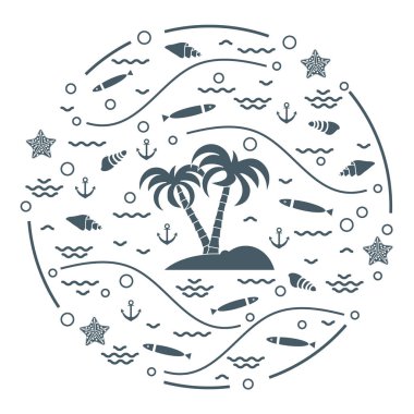 Balık, palmiye ağaçları, çapa, dalgalar, deniz kabuklarını, denizyıldızı, bir daire içinde düzenlenmiş ile ada ile sevimli vektör çizim. Başlık sayfası, poster veya baskı için tasarım.