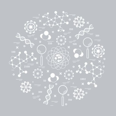 Stilize vektör simge çeşitli bilimsel, eğitim elemanları. Başlık sayfası, poster veya baskı için tasarım.