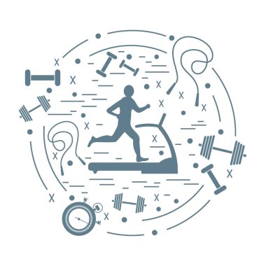 Bir koşu bandı ve bir daire içinde düzenlenen spor malzemeleri farklı türde koşu adam vektör Illustration. Atlama ipi, kronometre, halter ve diğer simgeler dahil olmak üzere.