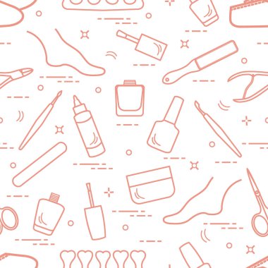 Manikür ve pedikür araçları ve ürünleri, güzellik ve bakım için desen. Başlık sayfası, poster veya baskı için tasarım.