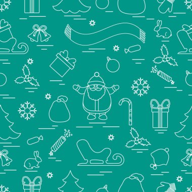 Kış çeşitli Noel elemanları ile seamless modeli: ağaç, topları, kuyu, eşarp, Noel Baba, çan, hediyeler ve diğer. Tasarım afiş, el ilanı, afiş veya Yazdır.