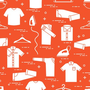 Ütüler, giyim askıları ve farklı kıyafet ile Seamless modeli. Banner için tasarım ve baskı.