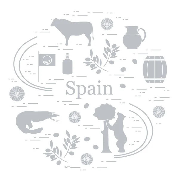 Ilustração Vetorial Com Vários Símbolos Espanha Dispostos Círculo Viagens Lazer —  Vetores de Stock
