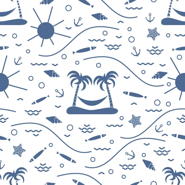 Mignon motif sans couture avec des poissons, île avec des palmiers et un ha — Image vectorielle