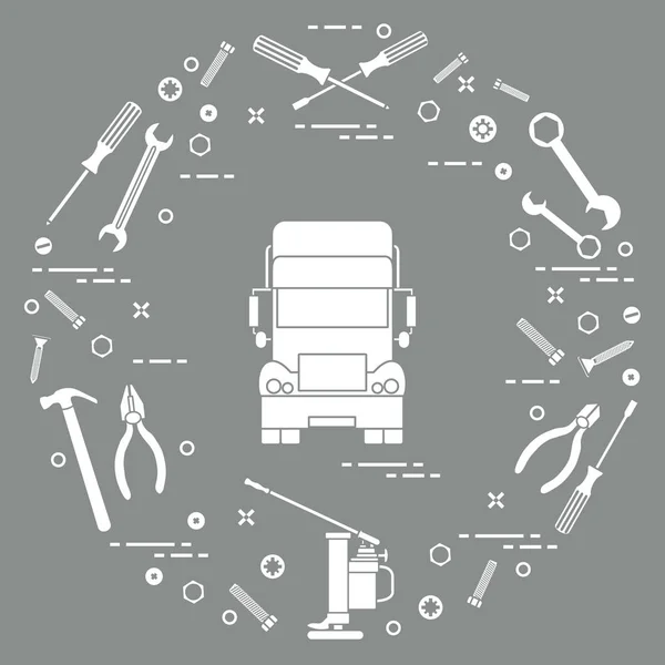 Carros de reparação: caminhão, chaves, parafusos, chave, alicate, jack, martelo , — Vetor de Stock