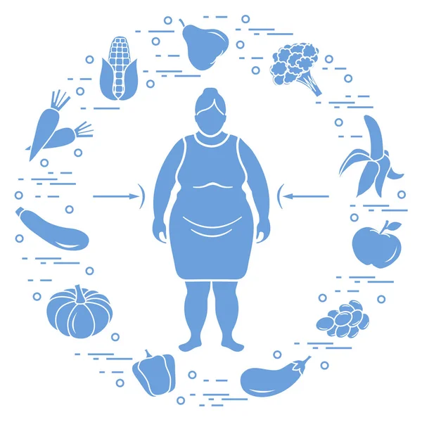 Mujer gorda con comida saludable a su alrededor. Hábitos alimenticios saludables . — Archivo Imágenes Vectoriales